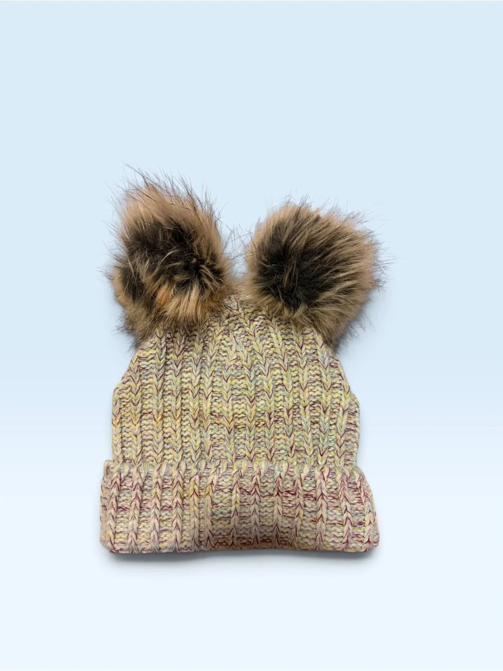 Double Pom Knit Beanie Hat - Cream Multi